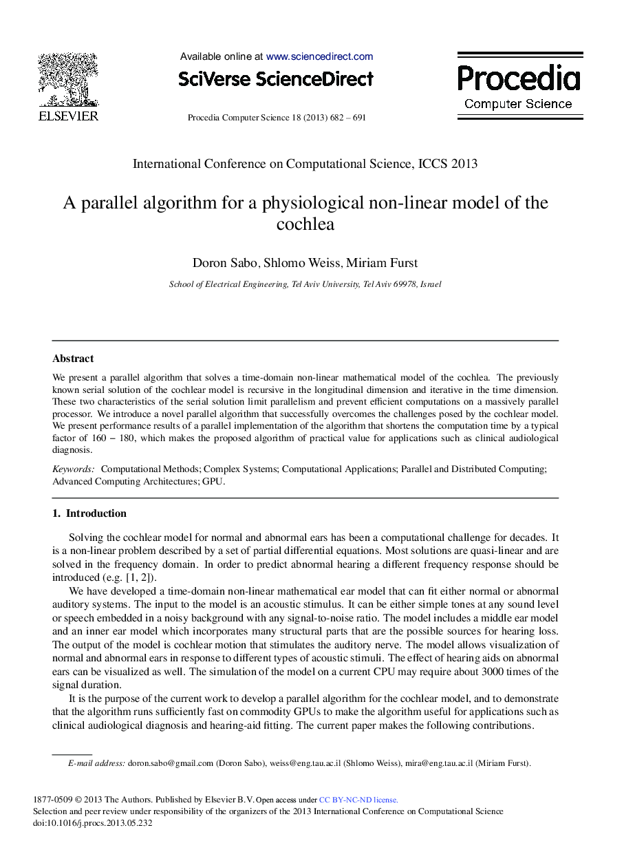 A Parallel Algorithm for a Physiological Non-linear Model of the Cochlea 