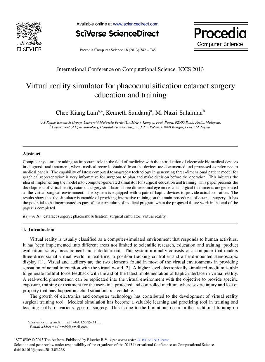 Virtual Reality Simulator for Phacoemulsification Cataract Surgery Education and Training 