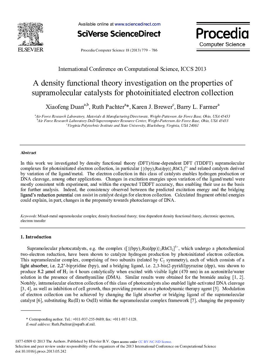 عکس صفحه اول مقاله: A Density Functional Theory Investigation on the Properties of Supramolecular Catalysts for Photoinitiated Electron Collection A Density Functional Theory Investigation on the Properties of Supramolecular Catalysts for Photoinitiated Electron Collection