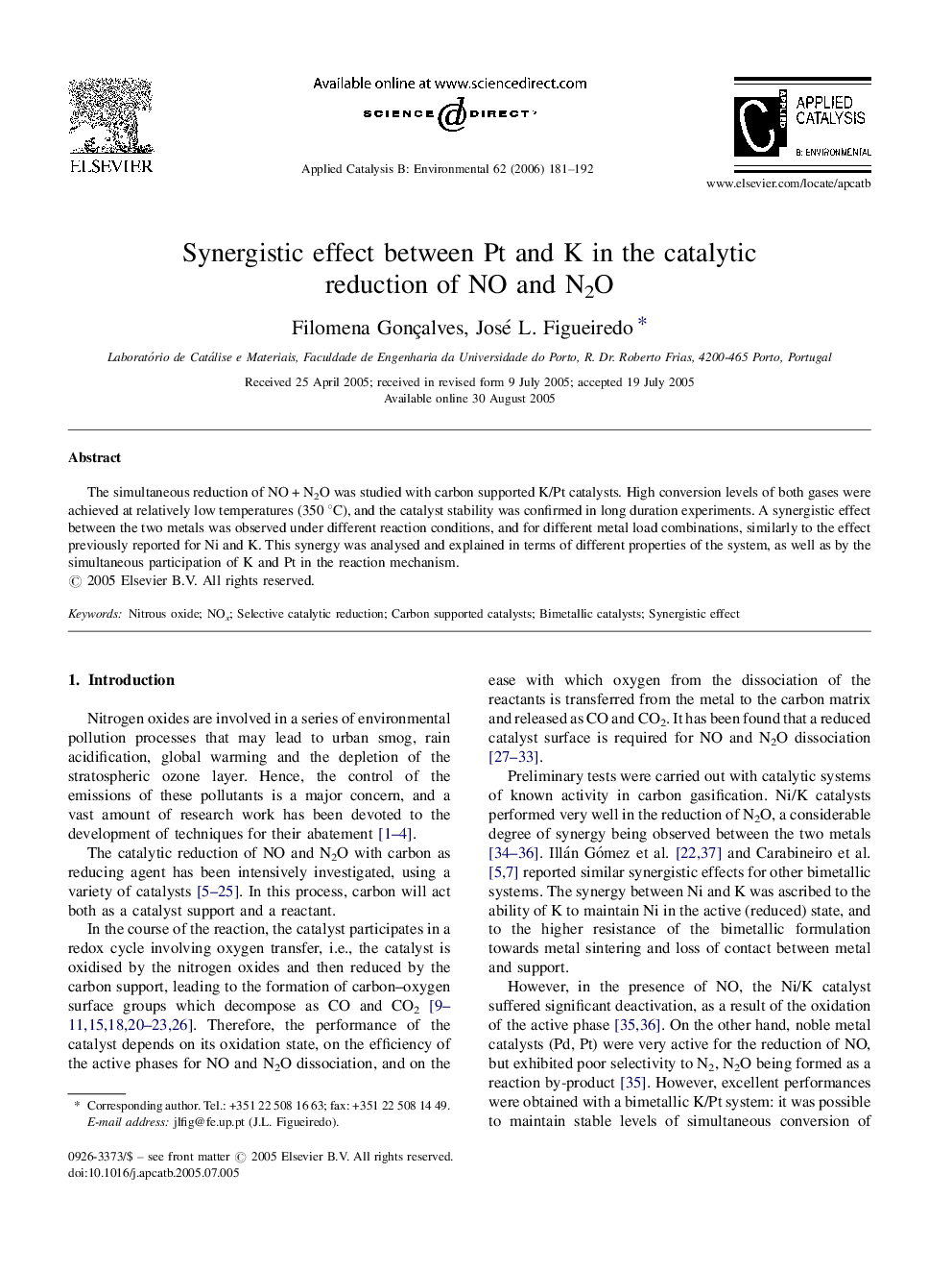 Synergistic effect between Pt and K in the catalytic reduction of NO and N2O