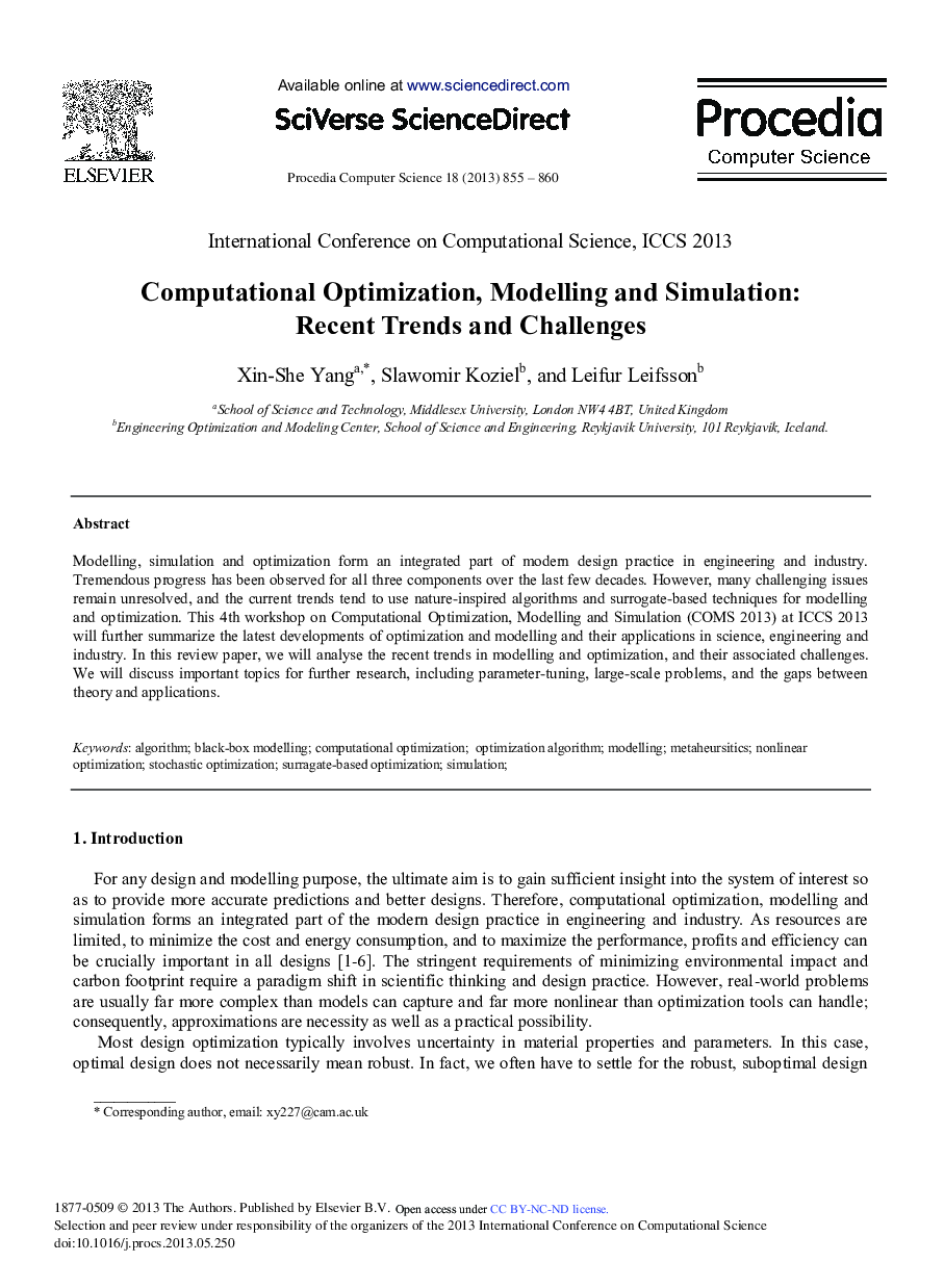 Computational Optimization, Modelling and Simulation: Recent Trends and Challenges 