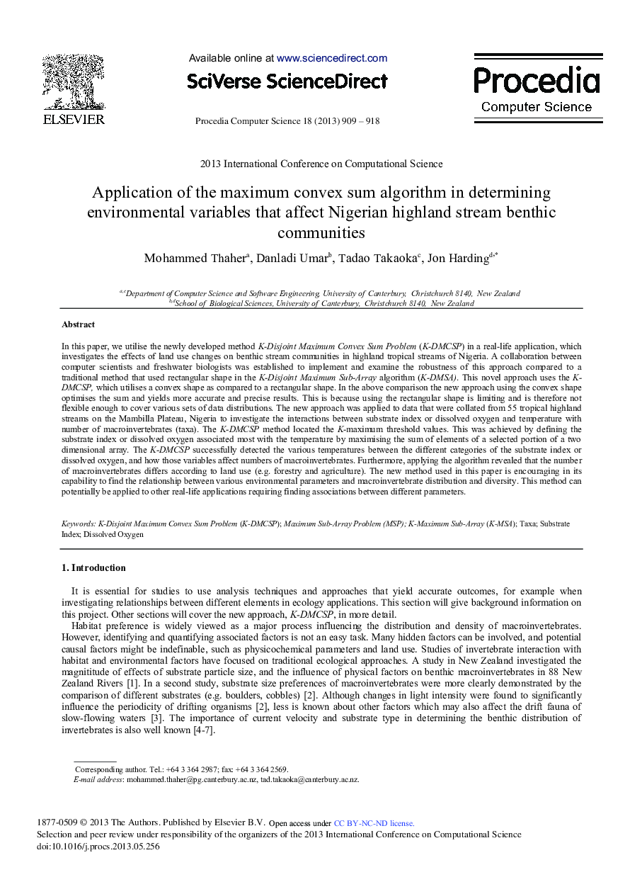 Application of the Maximum Convex Sum Algorithm in Determining Environmental Variables that Affect Nigerian Highland Stream Benthic Communities 