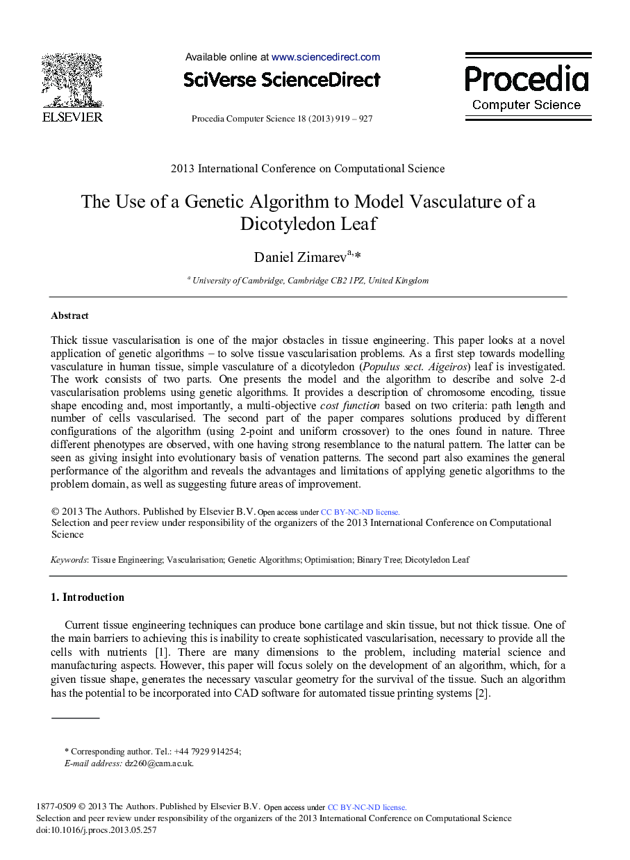 The Use of a Genetic Algorithm to Model Vasculature of a Dicotyledon Leaf 