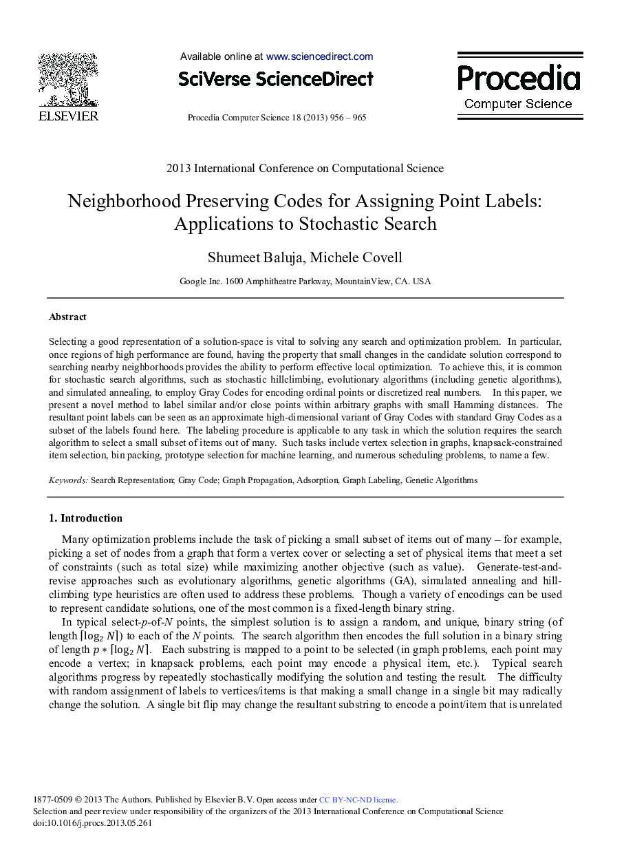Neighborhood Preserving Codes for Assigning Point Labels: Applications to Stochastic Search 
