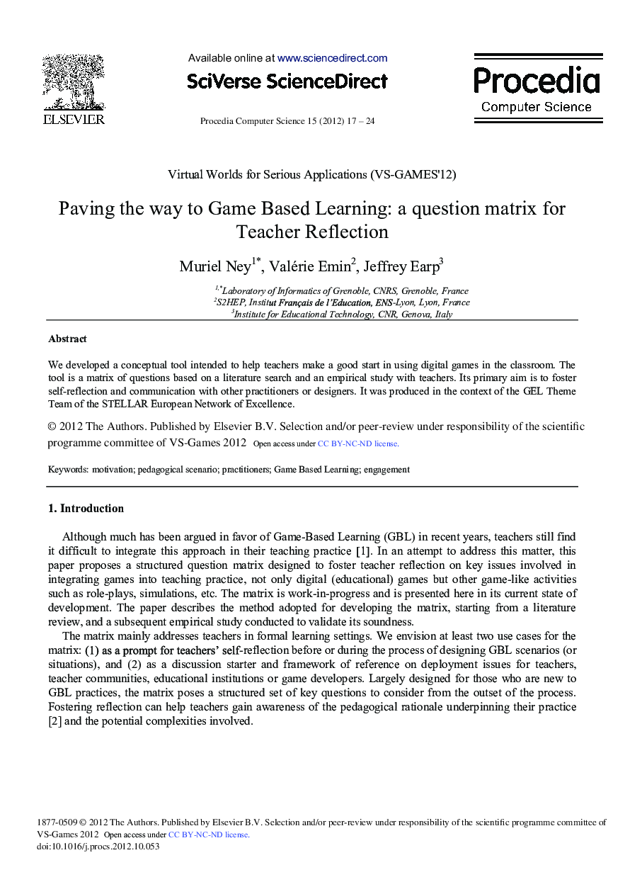 Paving the Way to Game Based Learning: A Question Matrix for Teacher Reflection 