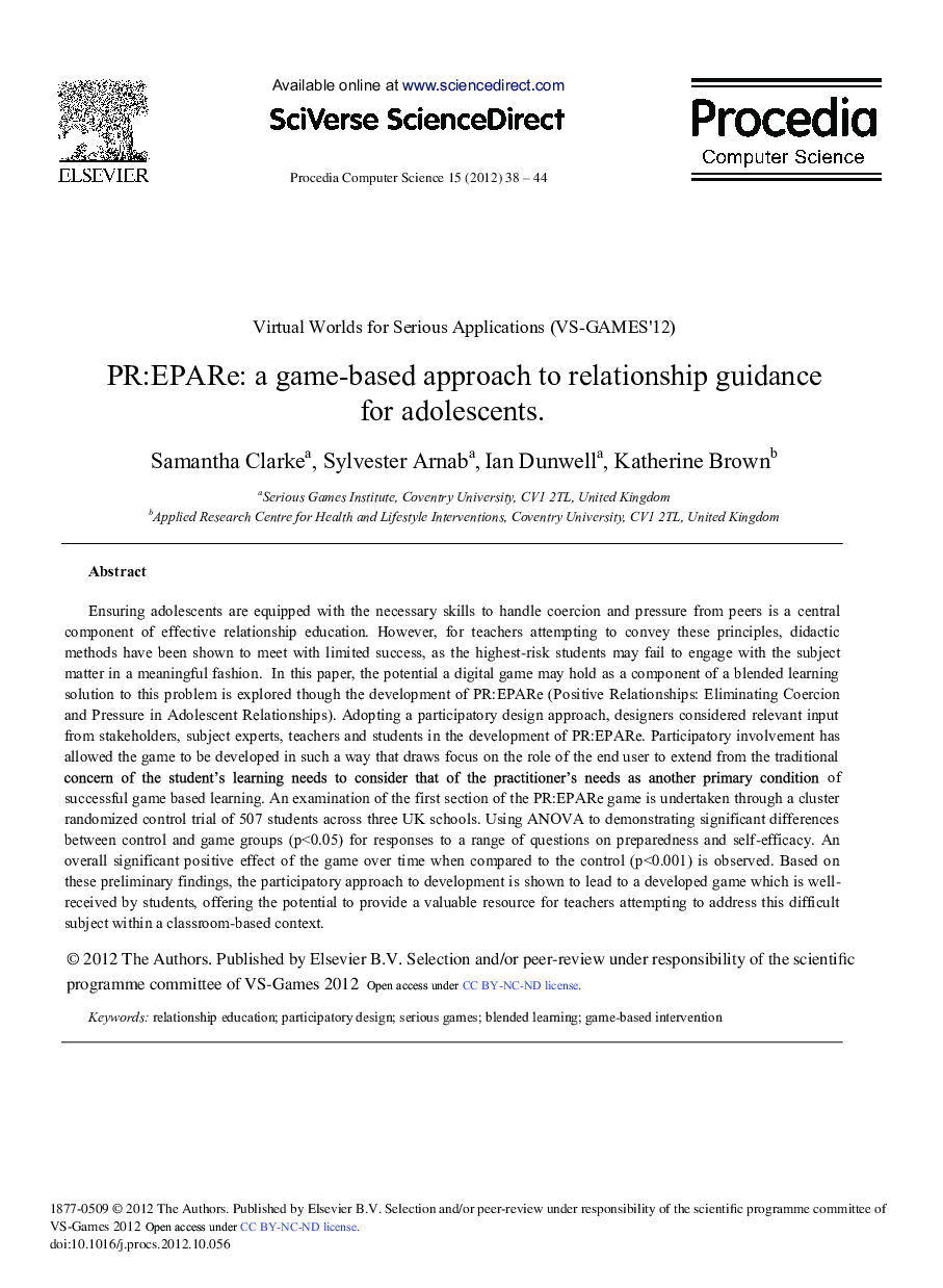 PR:EPARe: A Game-Based Approach to Relationship Guidance for Adolescents 
