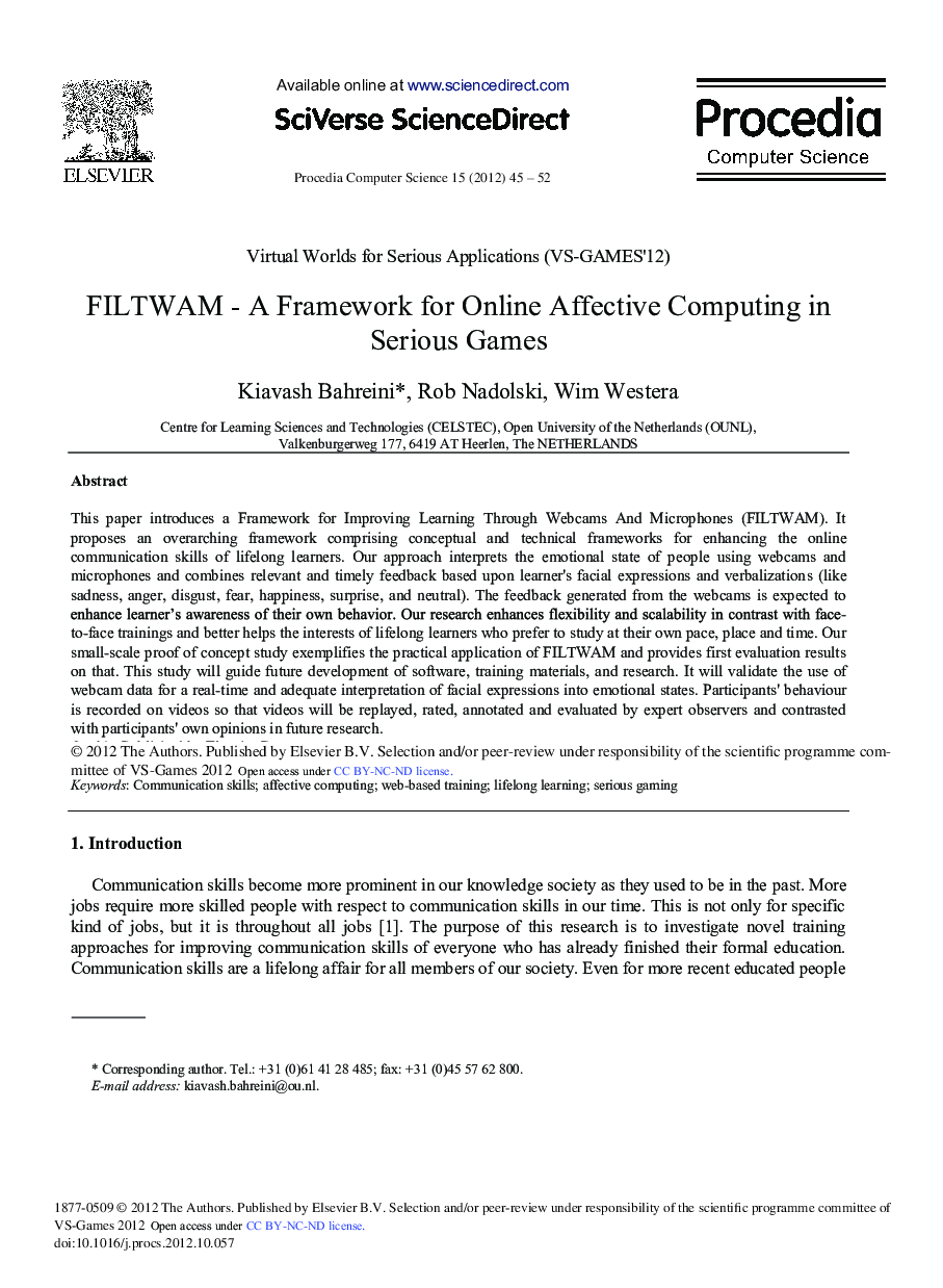 FILTWAM - A Framework for Online Affective Computing in Serious Games 
