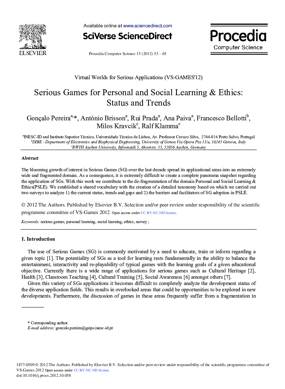 Serious Games for Personal and Social Learning & Ethics: Status and Trends 