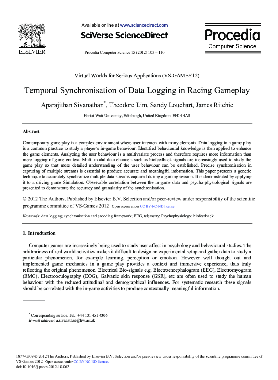 Temporal Synchronisation of Data Logging in Racing Gameplay 