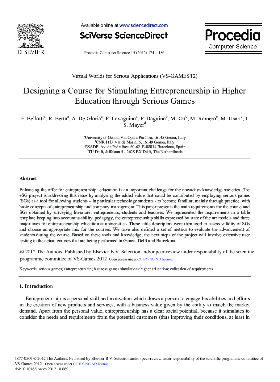 Designing a Course for Stimulating Entrepreneurship in Higher Education through Serious Games 