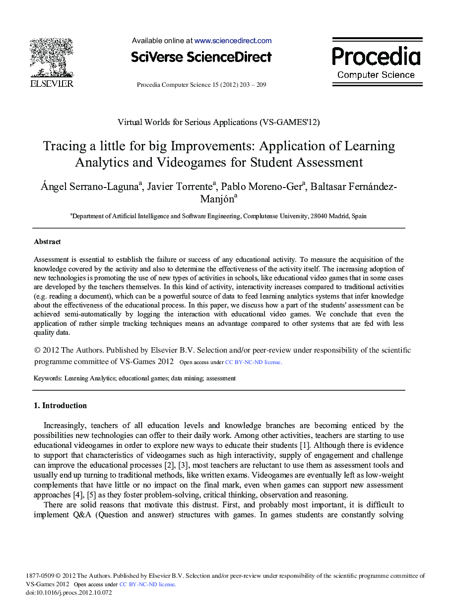 Tracing a Little for Big Improvements: Application of Learning Analytics and Videogames for Student Assessment 