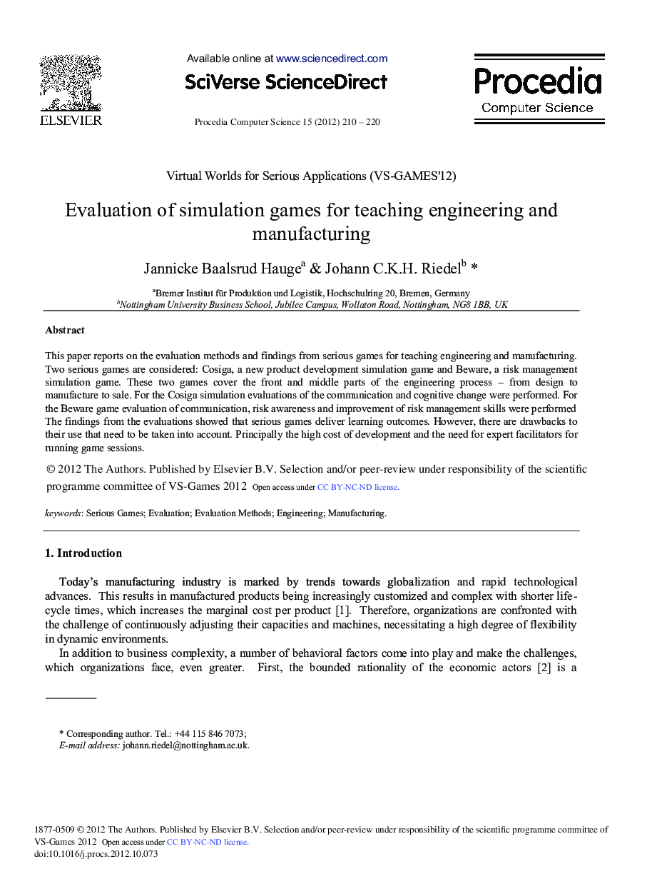 Evaluation of Simulation Games for Teaching Engineering and Manufacturing 