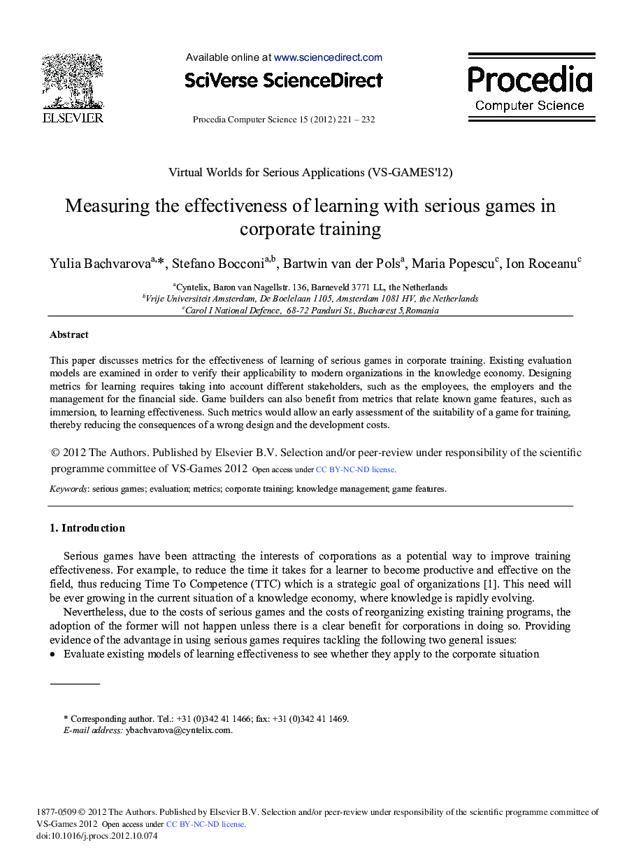 Measuring the Effectiveness of Learning with Serious Games in Corporate Training 