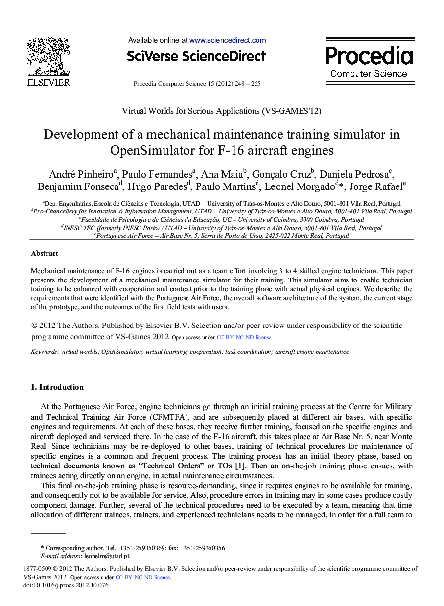 Development of a Mechanical Maintenance Training Simulator in OpenSimulator for F-16 Aircraft Engines 