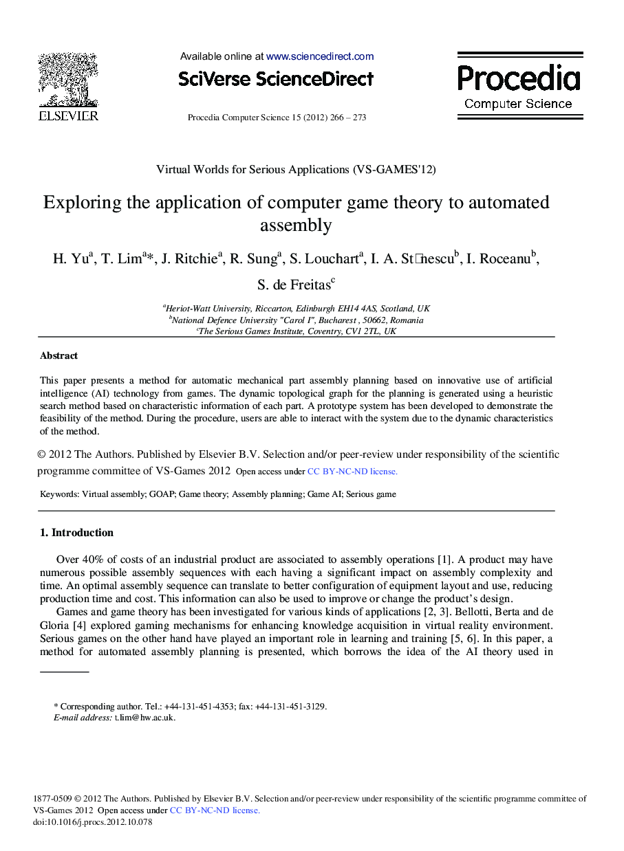 Exploring the Application of Computer Game Theory to Automated Assembly 