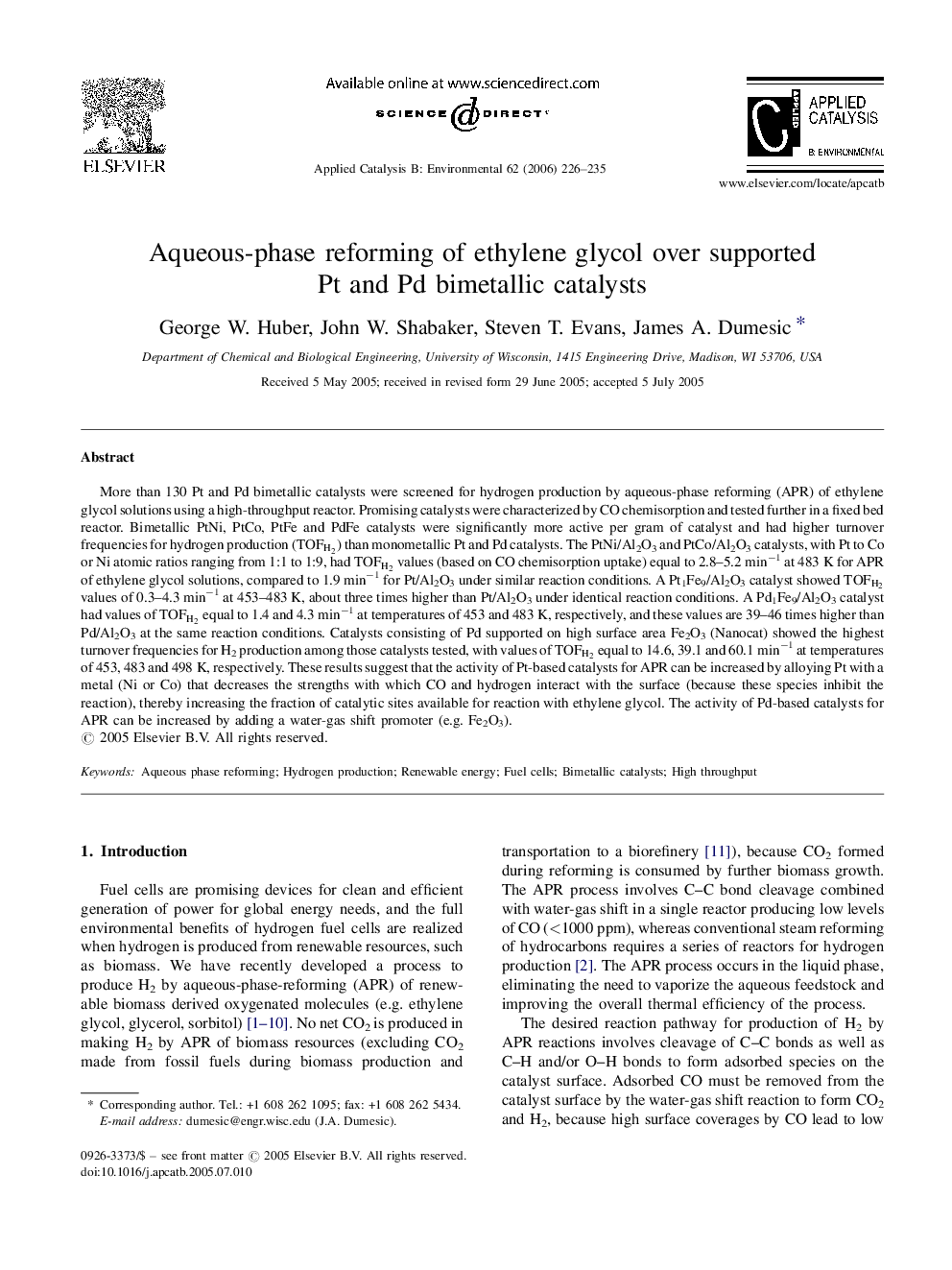 Aqueous-phase reforming of ethylene glycol over supported Pt and Pd bimetallic catalysts