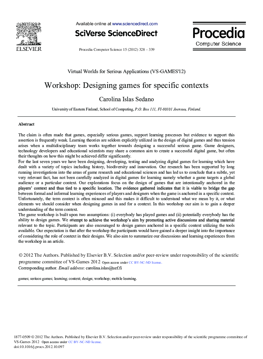 Workshop: Designing games for Specific Contexts 