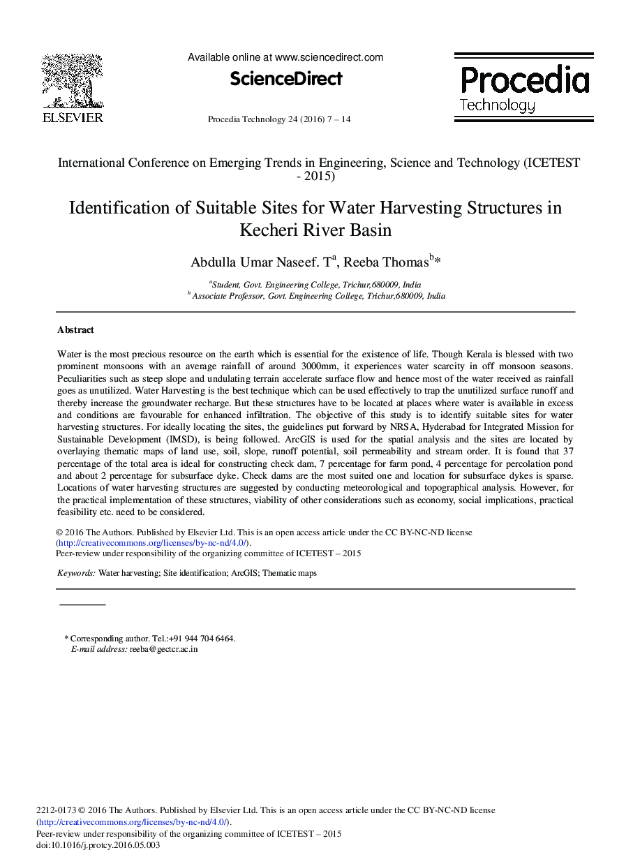 Identification of Suitable Sites for Water Harvesting Structures in Kecheri River Basin 