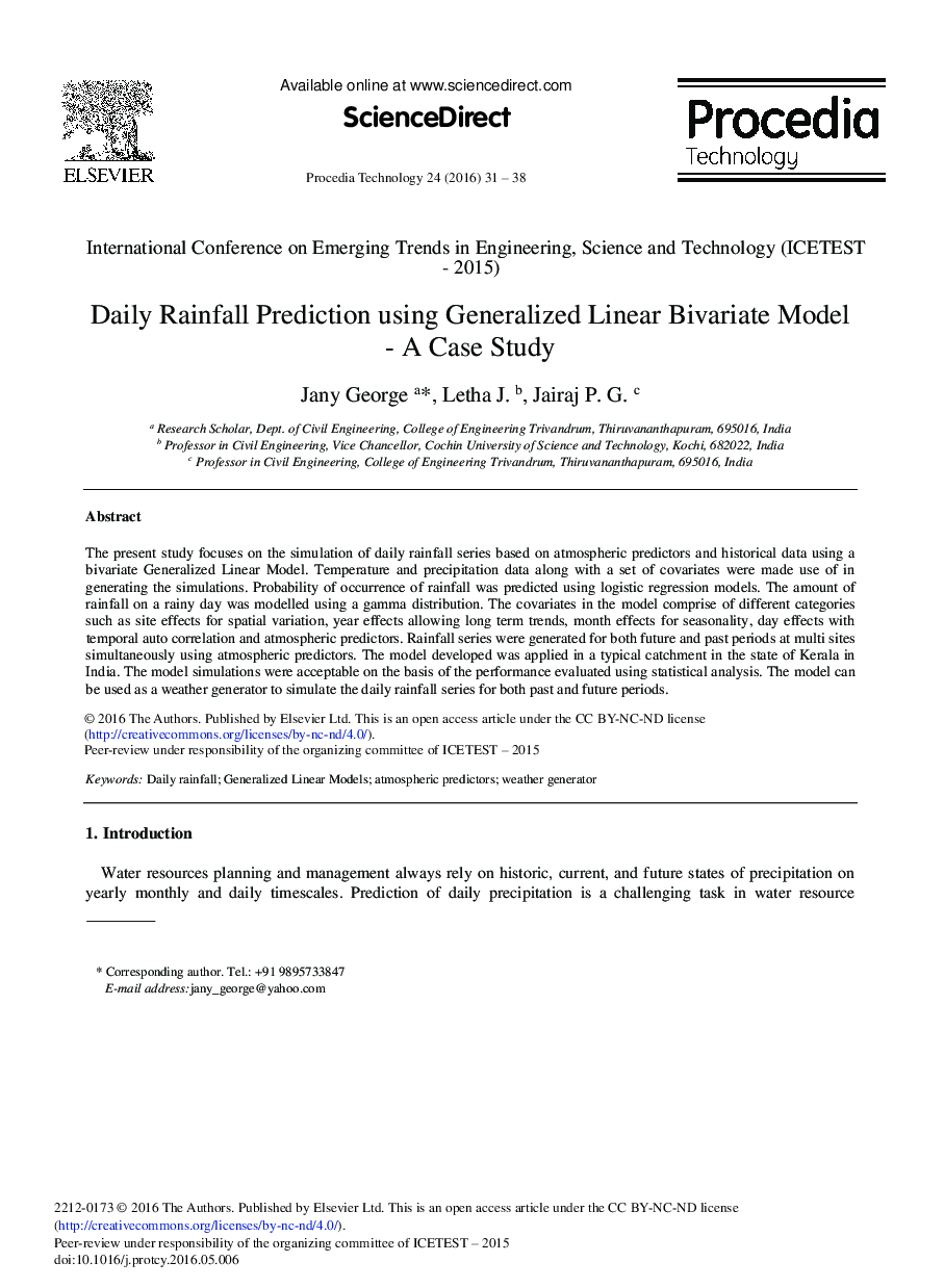 Daily Rainfall Prediction Using Generalized Linear Bivariate Model – A Case Study 