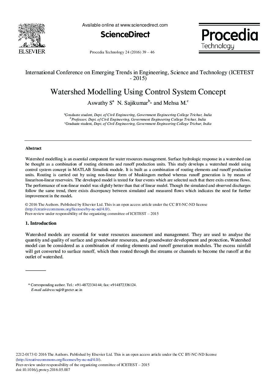 Watershed Modelling Using Control System Concept 