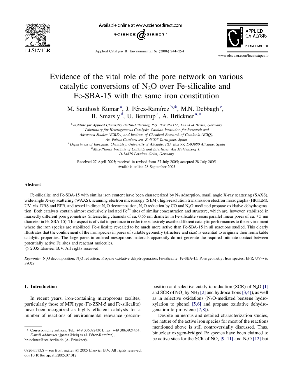 Evidence of the vital role of the pore network on various catalytic conversions of N2O over Fe-silicalite and Fe-SBA-15 with the same iron constitution