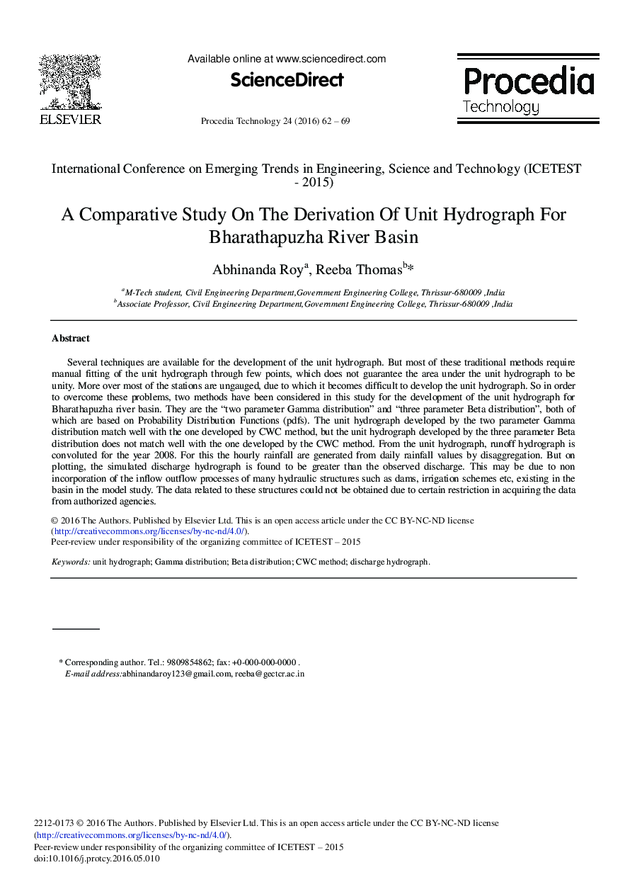 A Comparative Study on the Derivation of Unit Hydrograph for Bharathapuzha River Basin 