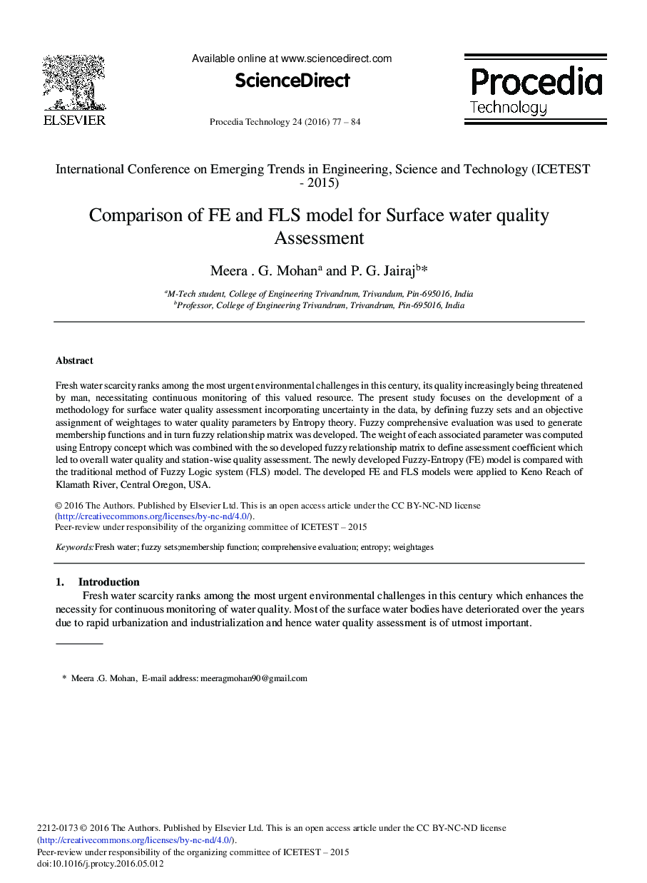 Comparison of FE and FLS Model for Surface Water Quality Assessment 