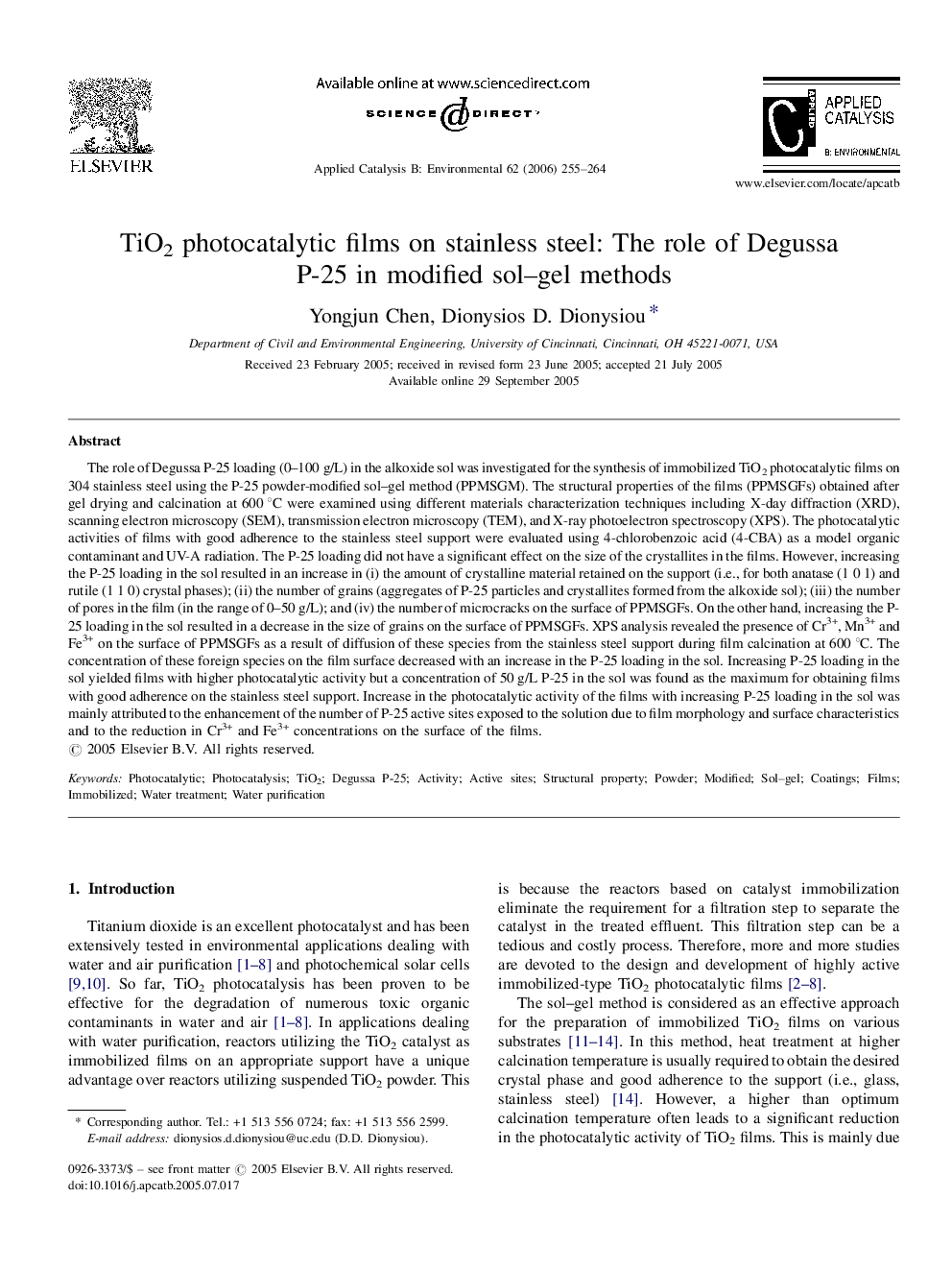 TiO2 photocatalytic films on stainless steel: The role of Degussa P-25 in modified sol–gel methods