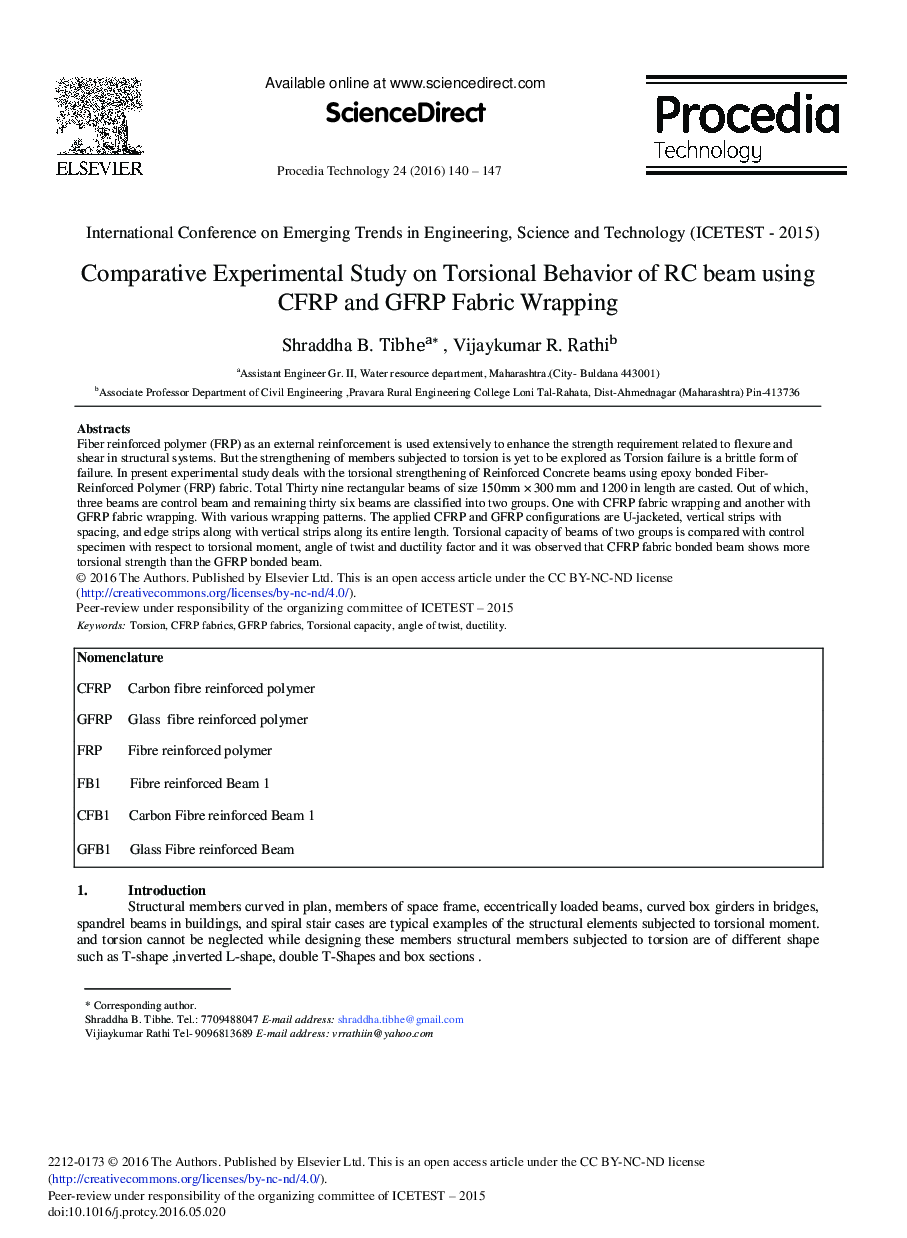 Comparative Experimental Study on Torsional Behavior of RC Beam Using CFRP and GFRP Fabric Wrapping 