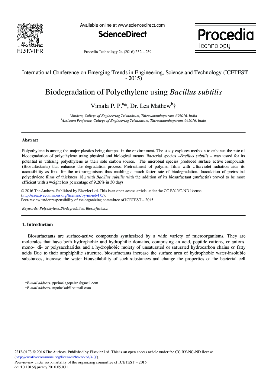 Biodegradation of Polyethylene Using Bacillus Subtilis 