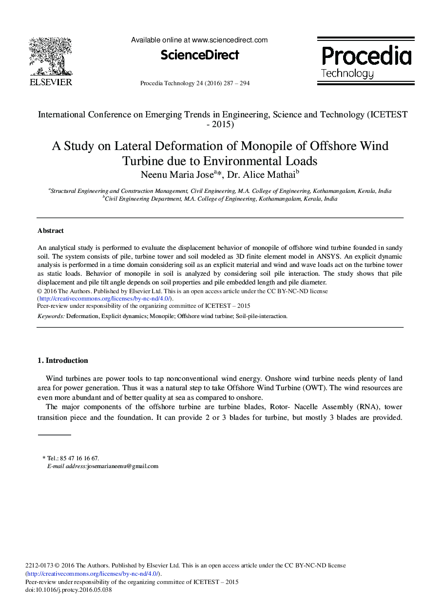 A Study on Lateral Deformation of Monopile of Offshore Wind Turbine due to Environmental Loads 