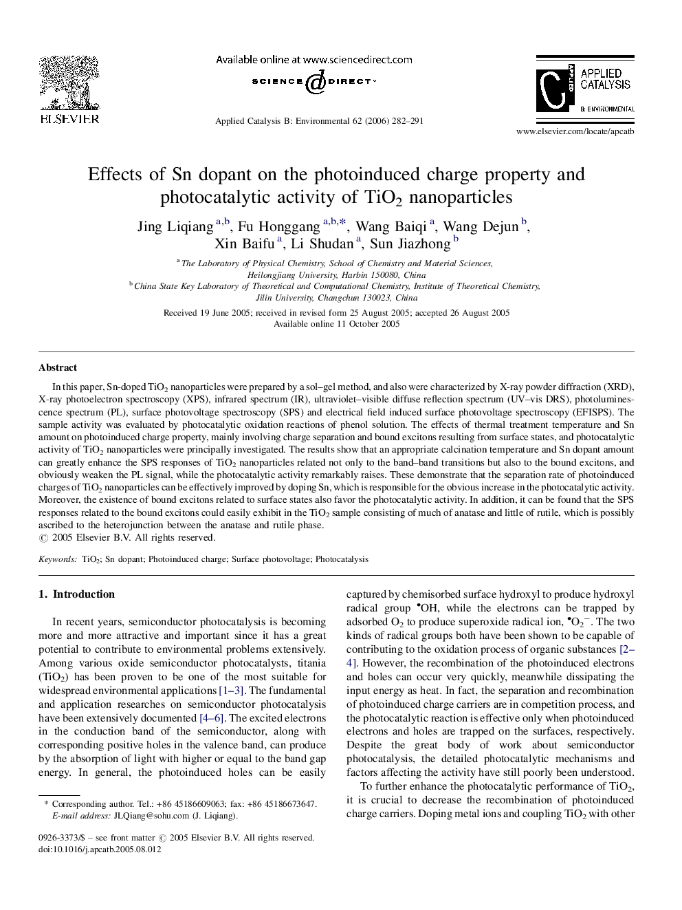 Effects of Sn dopant on the photoinduced charge property and photocatalytic activity of TiO2 nanoparticles