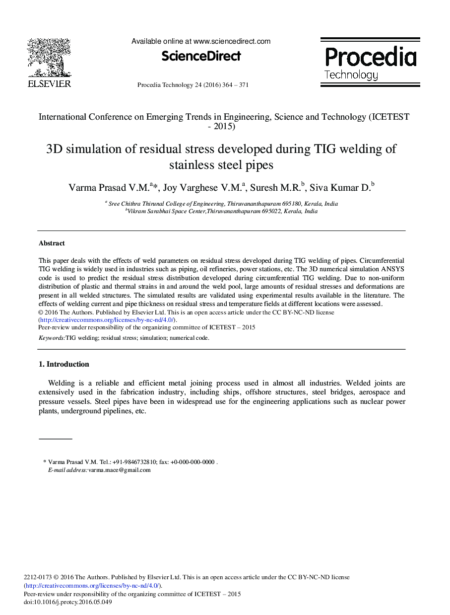 3D Simulation of Residual Stress Developed During TIG Welding of Stainless Steel Pipes 