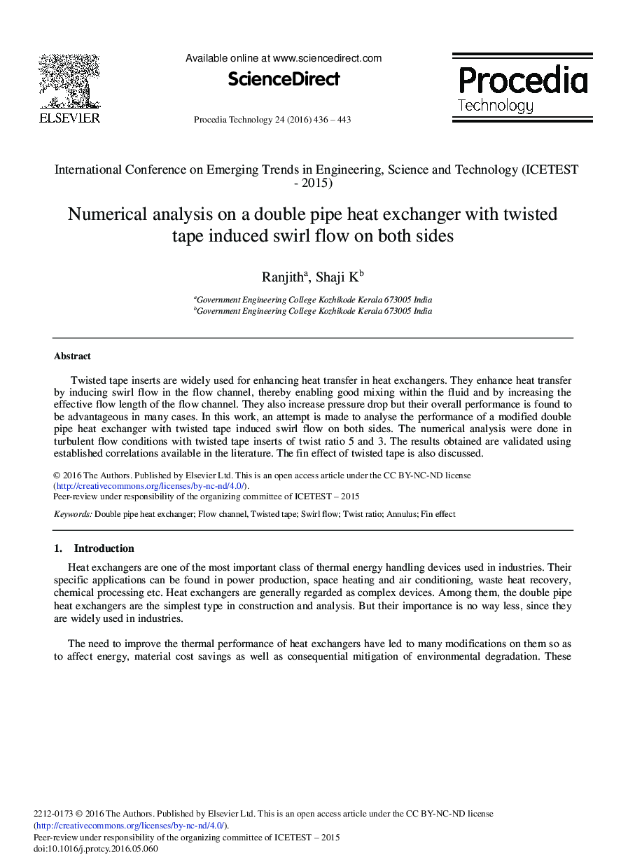 Numerical Analysis on a Double Pipe Heat Exchanger with Twisted Tape Induced Swirl Flow on Both Sides 