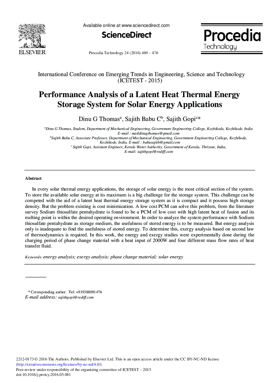 Performance Analysis of a Latent Heat Thermal Energy Storage System for Solar Energy Applications 