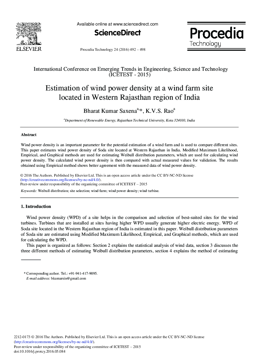 Estimation of Wind Power Density at a Wind Farm Site Located in Western Rajasthan Region of India 