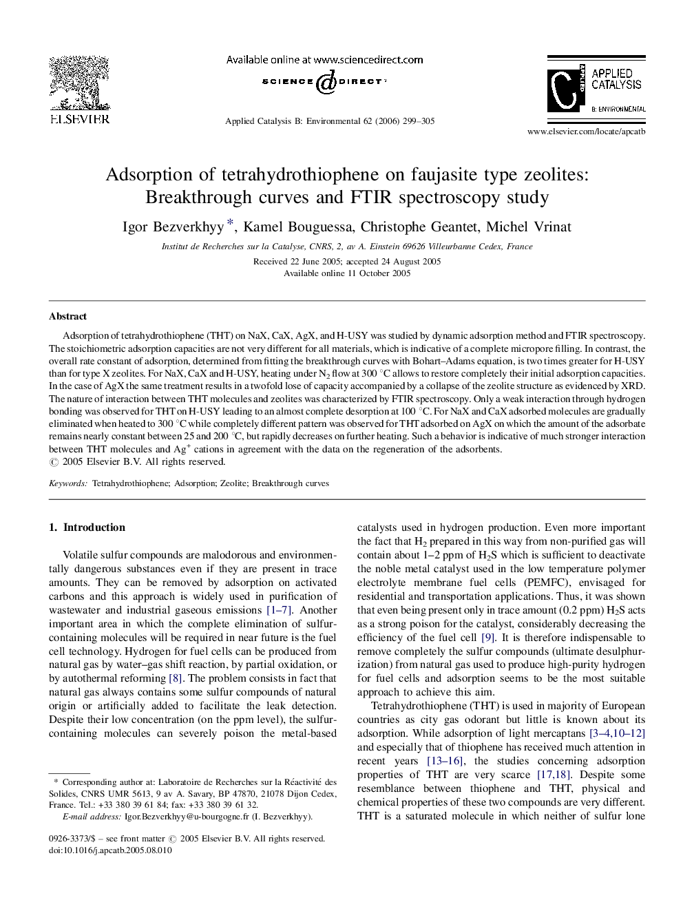 Adsorption of tetrahydrothiophene on faujasite type zeolites: Breakthrough curves and FTIR spectroscopy study