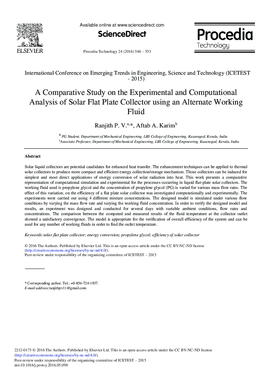 A Comparative Study on the Experimental and Computational Analysis of Solar Flat Plate Collector Using an Alternate Working Fluid 