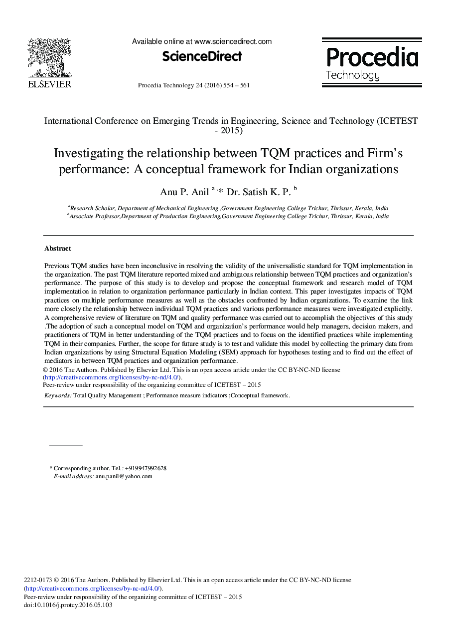 Investigating the Relationship Between TQM Practices and Firm's Performance: A Conceptual Framework for Indian Organizations 