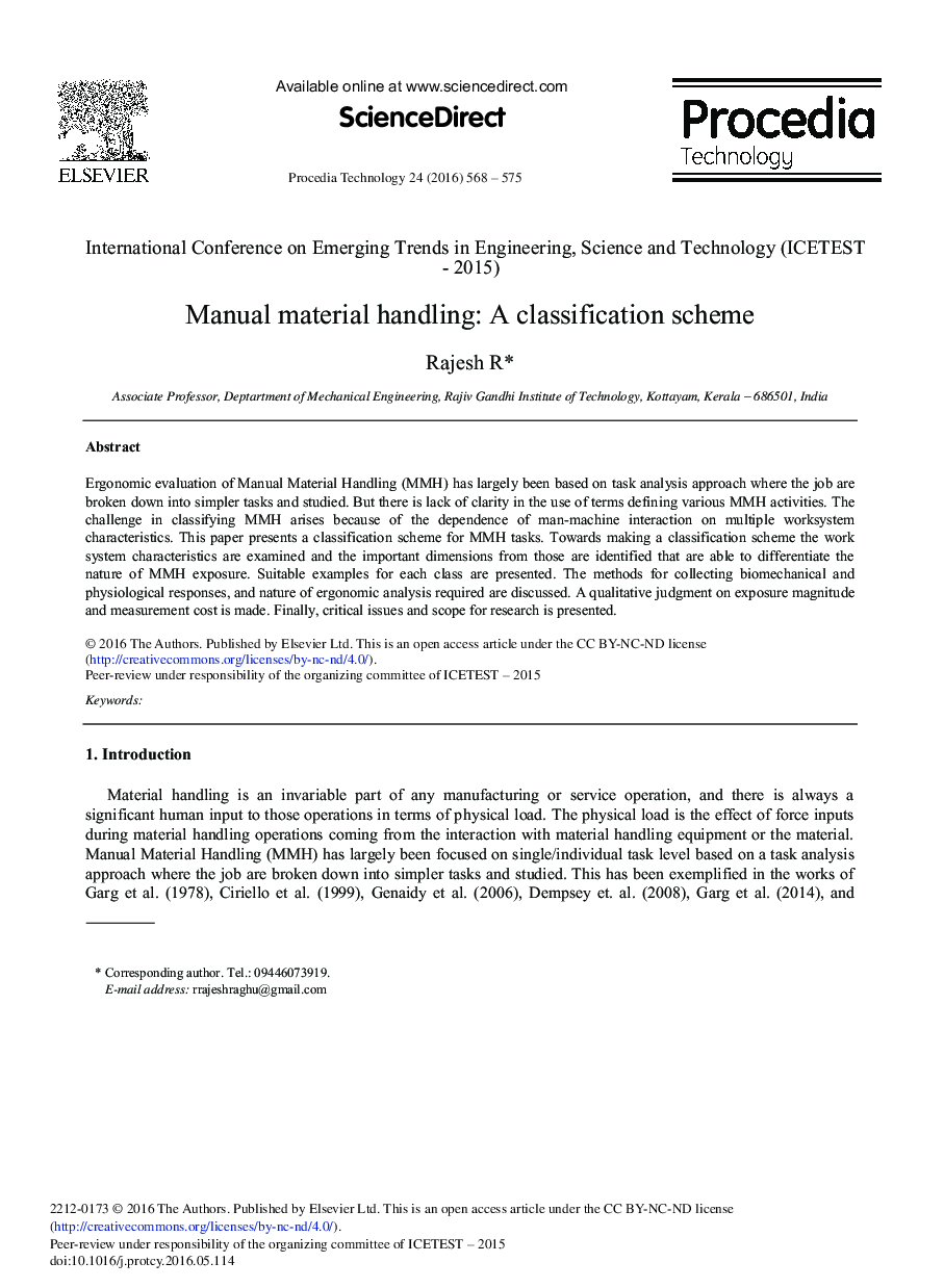 Manual Material Handling: A Classification Scheme 