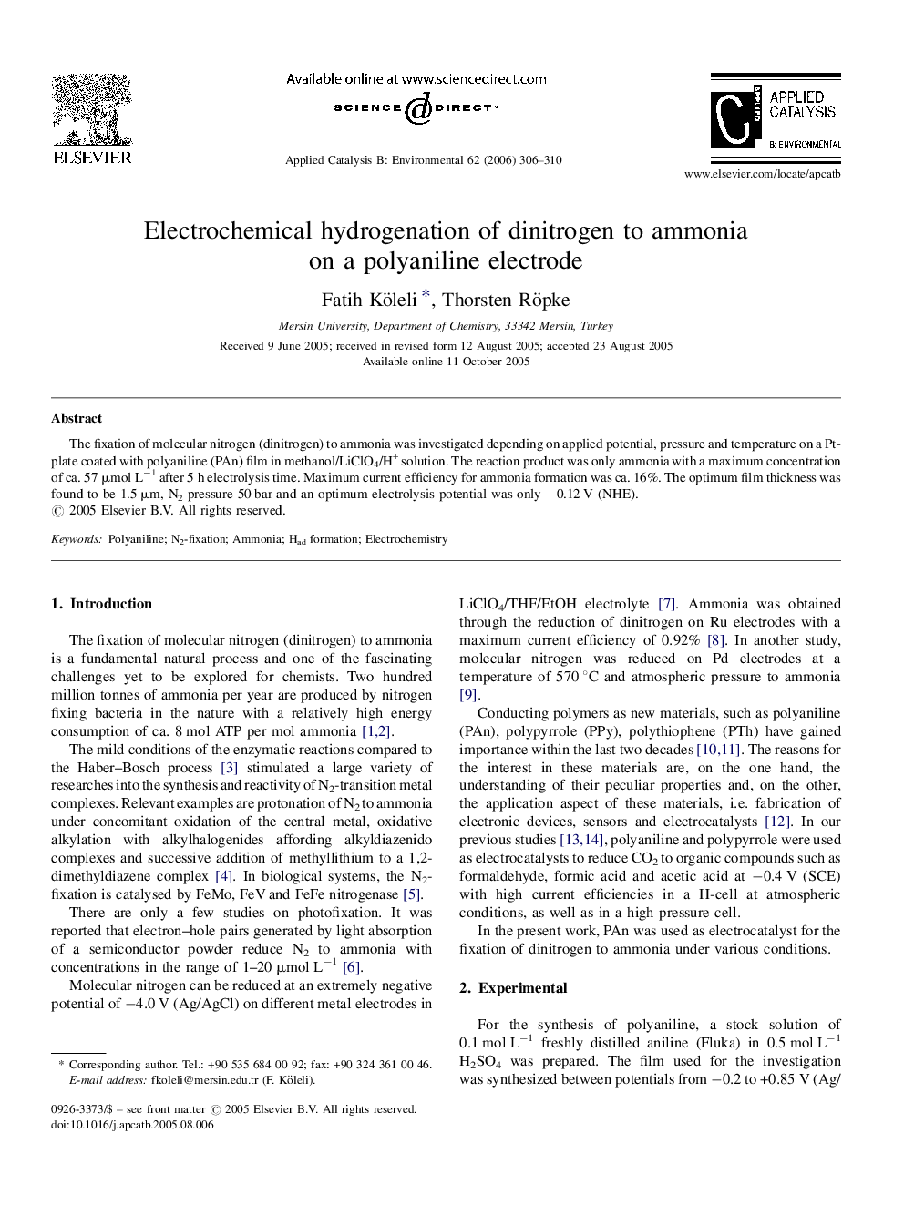 Electrochemical hydrogenation of dinitrogen to ammonia on a polyaniline electrode