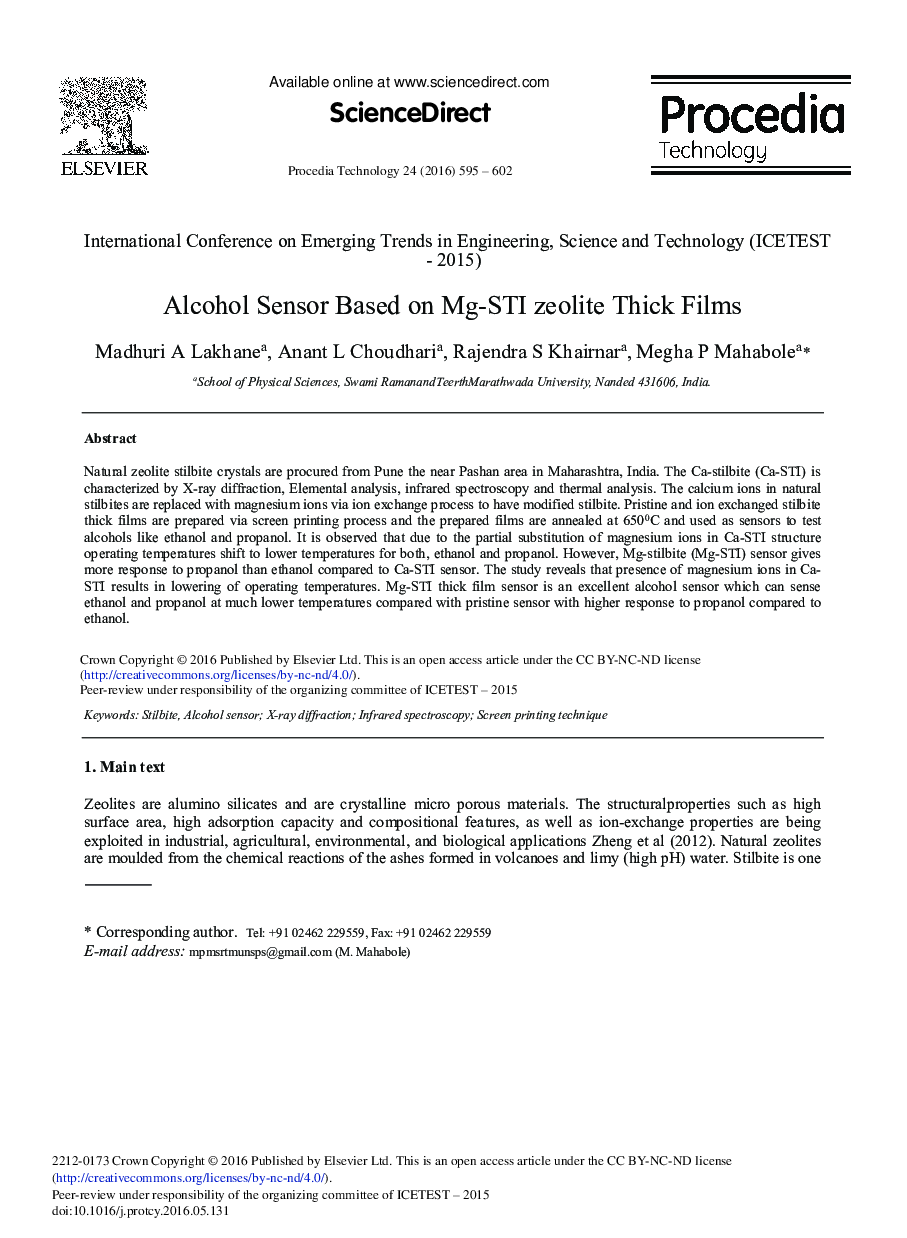 Alcohol Sensor Based on Mg-STI zeolite Thick Films 