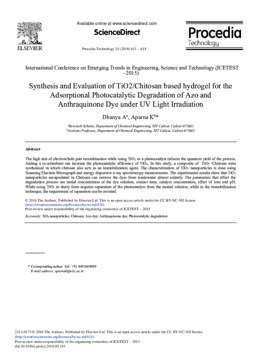 Synthesis and Evaluation of TiO2/Chitosan Based Hydrogel for the Adsorptional Photocatalytic Degradation of Azo and Anthraquinone Dye under UV Light Irradiation 