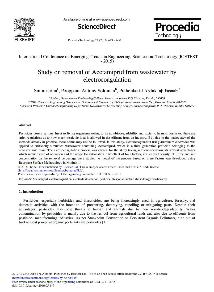 Study on Removal of Acetamiprid from Wastewater by Electrocoagulation 