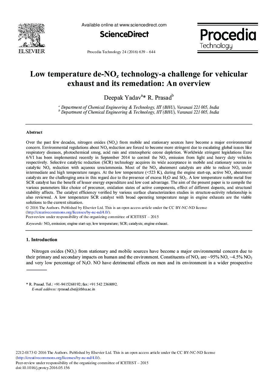 Low Temperature de-NOx Technology-a Challenge for Vehicular Exhaust and its Remedation: An Overview 