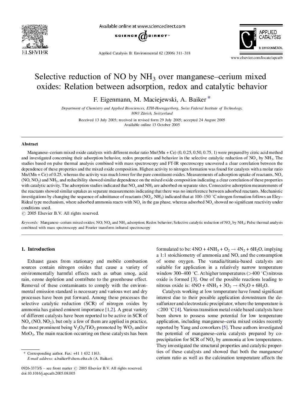 Selective reduction of NO by NH3 over manganese–cerium mixed oxides: Relation between adsorption, redox and catalytic behavior