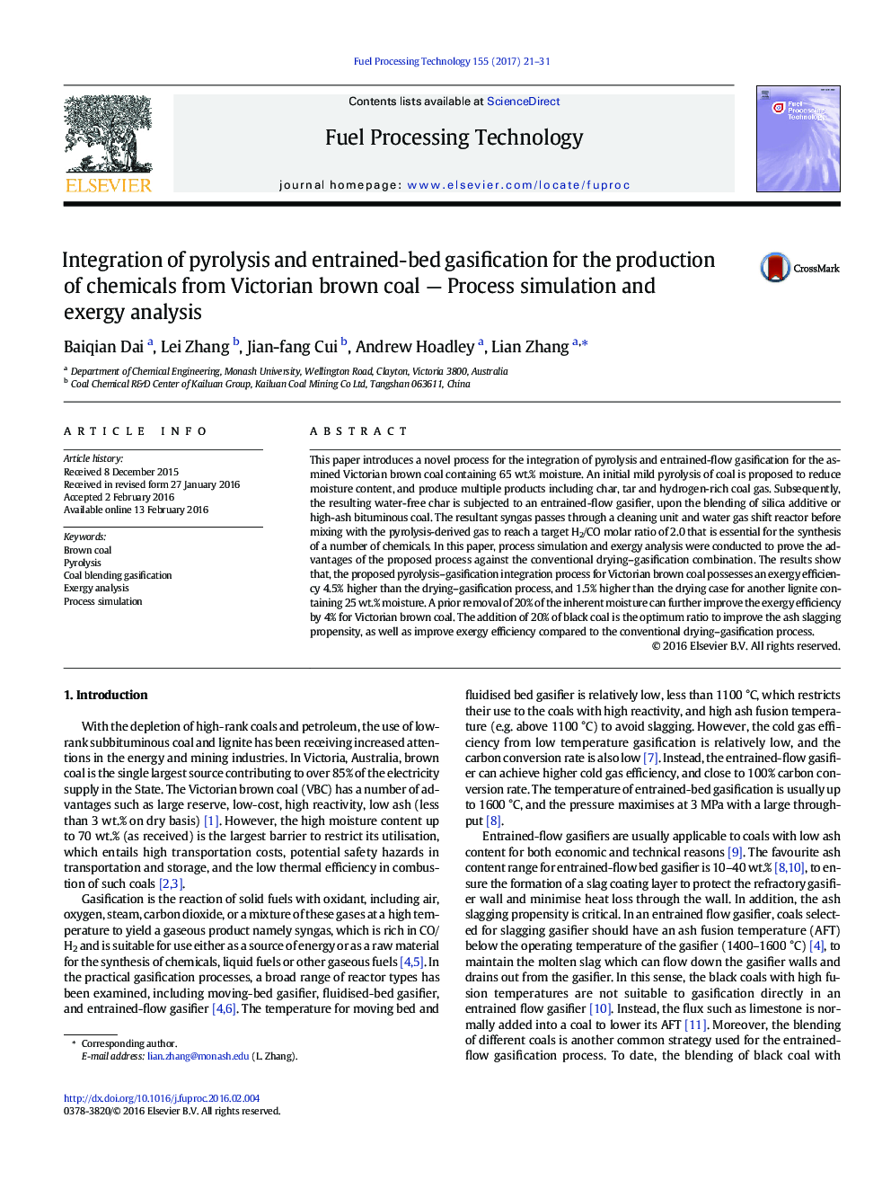 Integration of pyrolysis and entrained-bed gasification for the production of chemicals from Victorian brown coal - Process simulation and exergy analysis