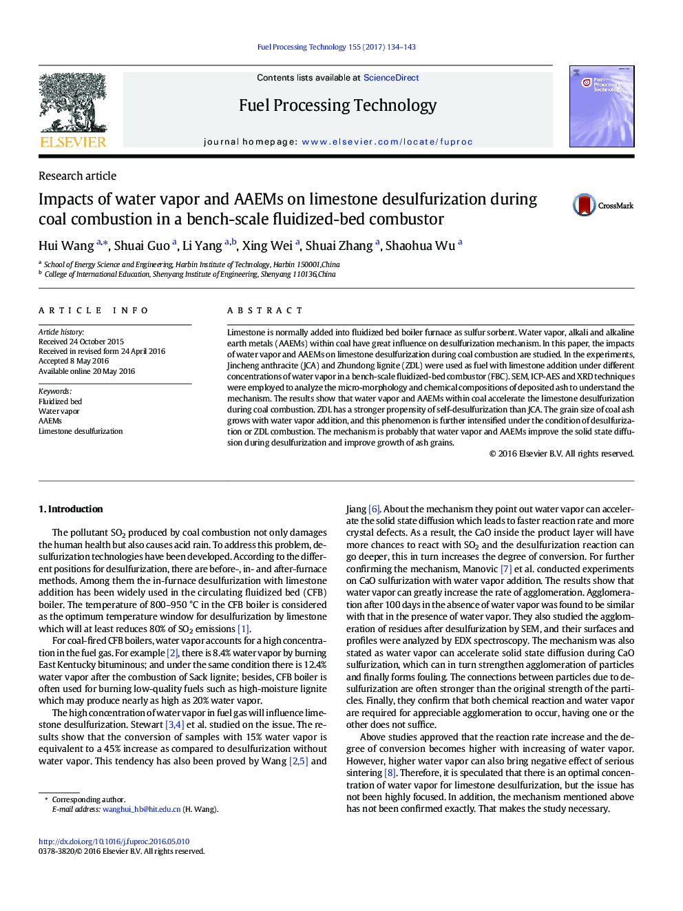 Research articleImpacts of water vapor and AAEMs on limestone desulfurization during coal combustion in a bench-scale fluidized-bed combustor