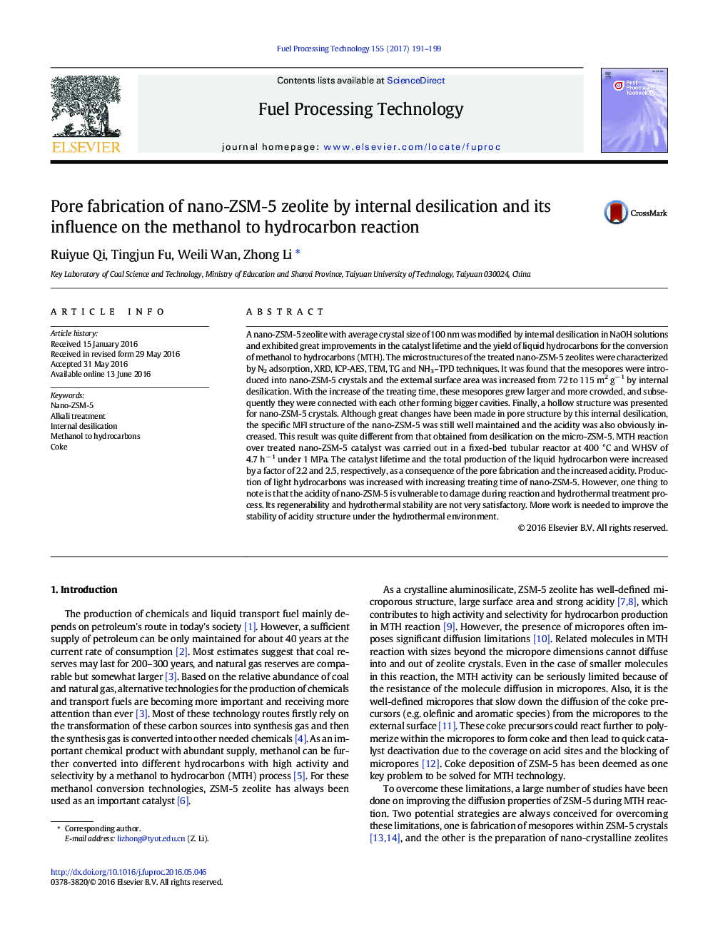 Pore fabrication of nano-ZSM-5 zeolite by internal desilication and its influence on the methanol to hydrocarbon reaction