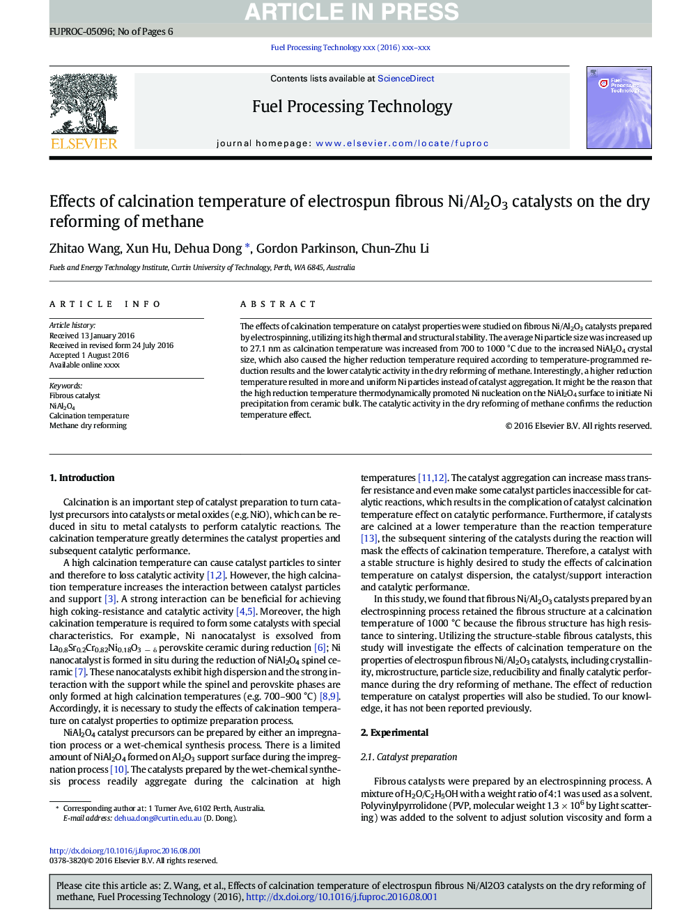 Effects of calcination temperature of electrospun fibrous Ni/Al2O3 catalysts on the dry reforming of methane